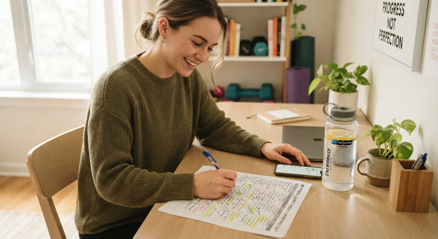 Person reviewing a printed workout plan with notes and a highlighter on a desk