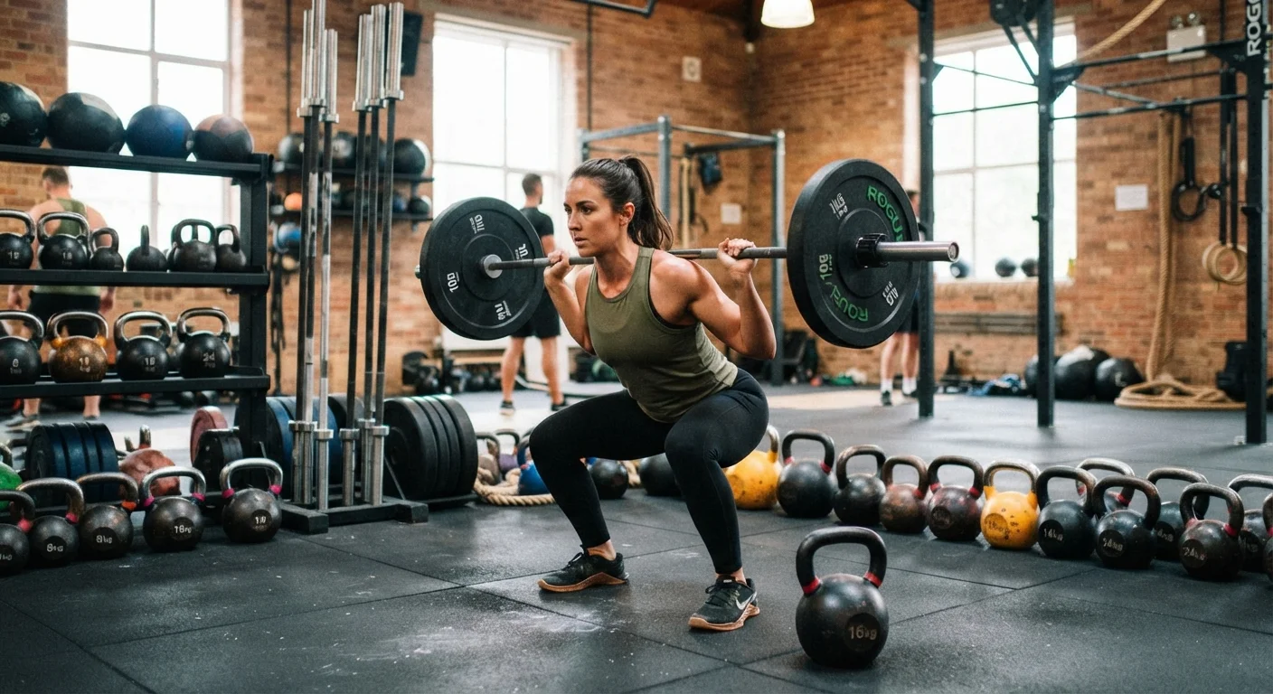 Person performing a squat with proper form in a well-equipped gym.