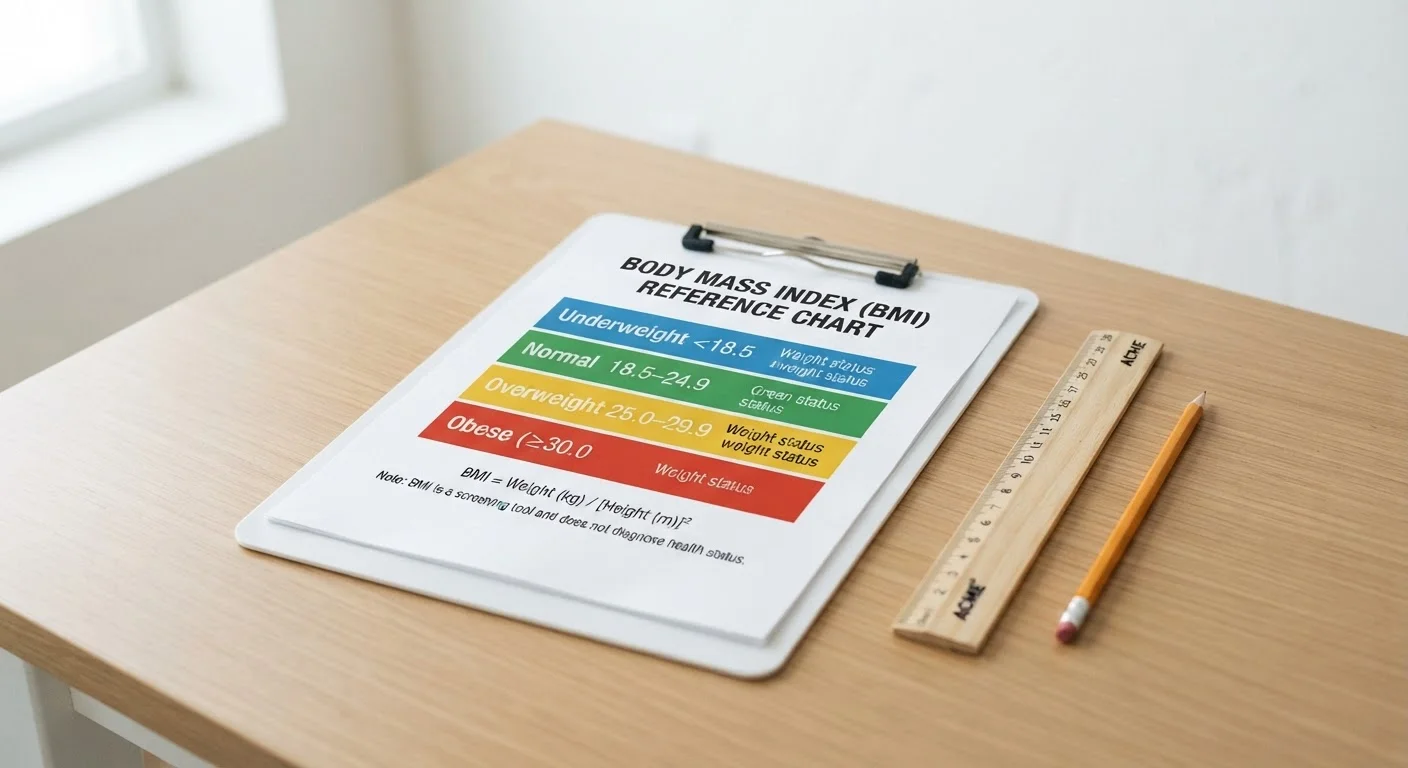 A BMI reference chart displayed alongside a ruler and pencil on a white surface