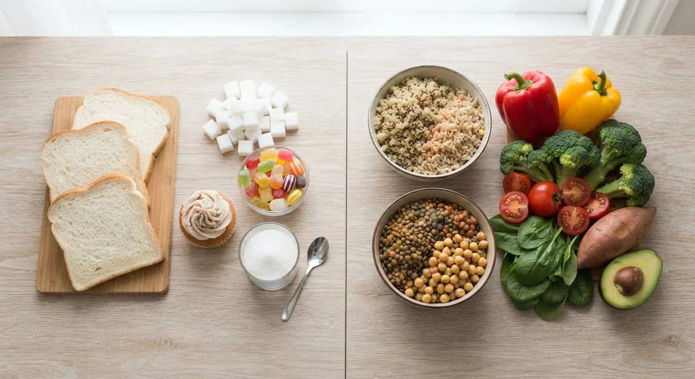 Two food groups side by side showing simple carbohydrate foods and complex carbohydrate foods