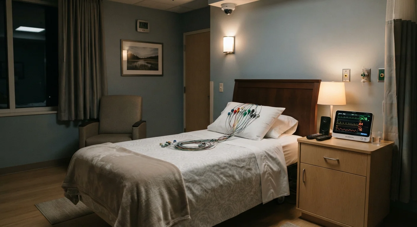 A quiet sleep lab room with monitoring equipment and a neatly arranged bed