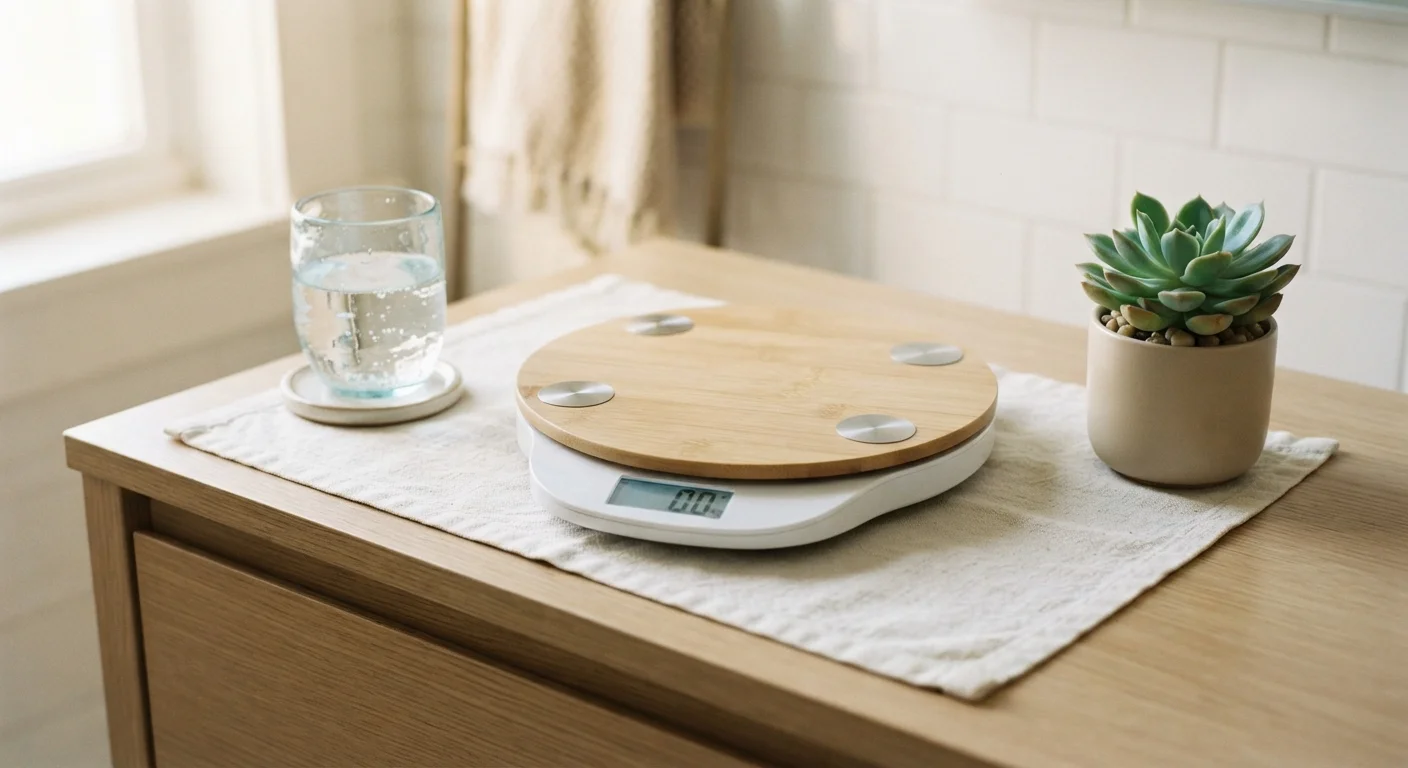 A bathroom scale on a tiled floor in soft morning light beside a glass of water